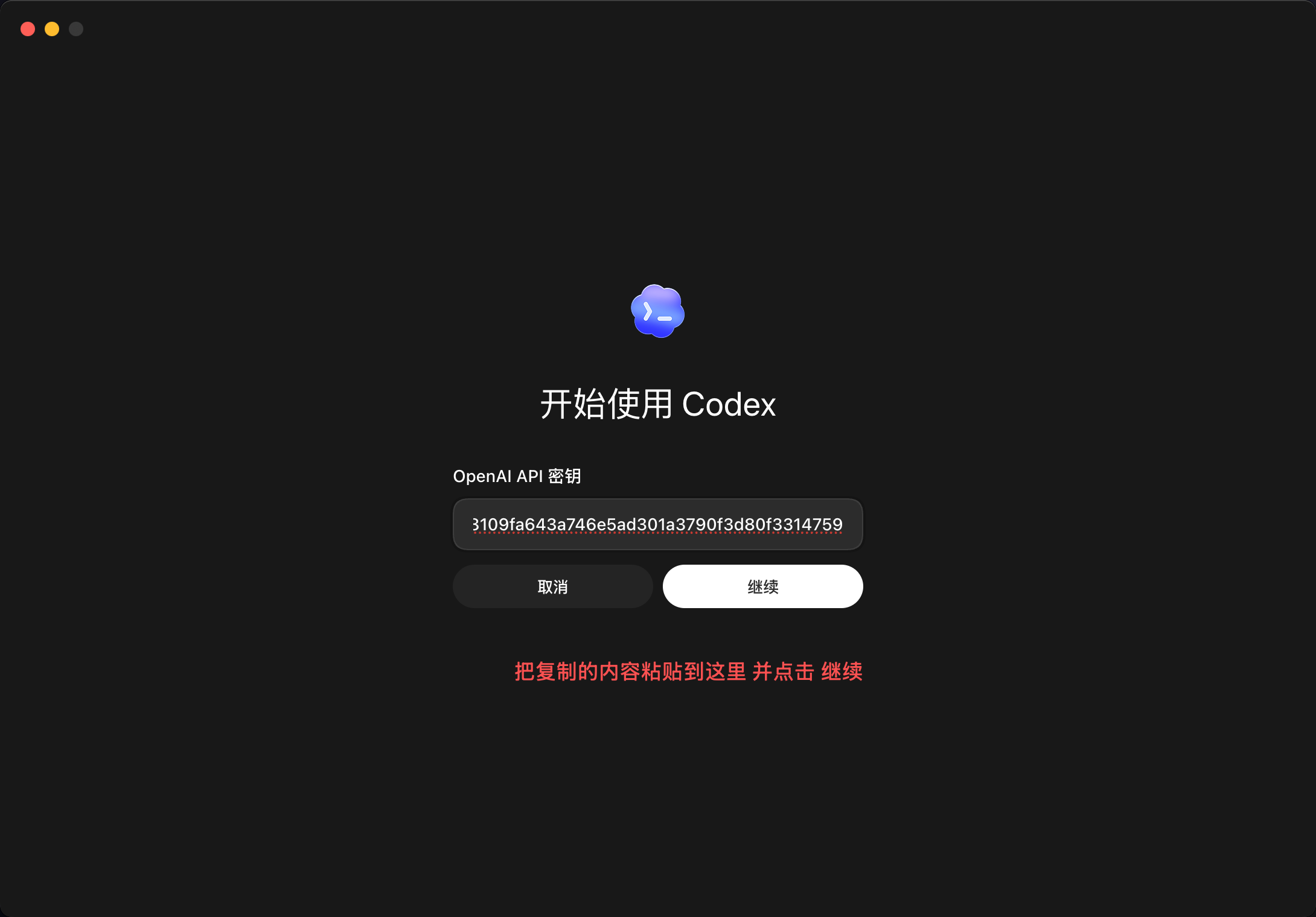 填入 key 并继续